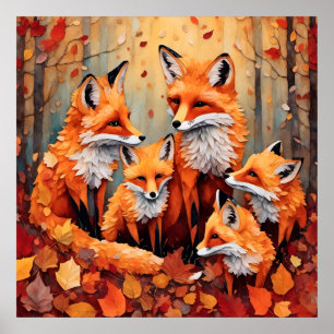 Poster Famille de renards roux adorable en automne