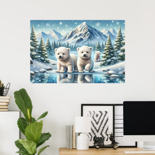Poster Famille d'ours polaires Paysage de montagne enneig