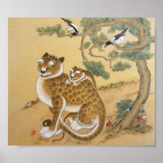 Poster Famille et oiseaux du Tigre antique