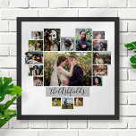 Poster Famille Photo Collage Coeur 17 Photos Nom Blanc<br><div class="desc">Affichez vos souvenirs de famille ou de mariage avec cette belle affiche murale photo collage en blanc et gris avec vos photos en forme de coeur. Ce joli design comprend de la place pour 17 photos : 9 horizontales, 2 verticales et 6 carré de style Instagram. Vos photos s'ajusteront automatiquement...</div>