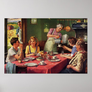 Poster Famille vintage prenant son petit-déjeuner dans la