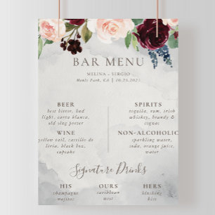 Poster Fancy Classic Rose Peony flowers Mariage Bar Menu