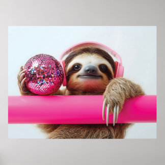 Poster Fanky Sloth avec casque rose et boule disco