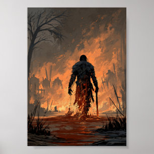 Poster Fantaisie sombre Démon de feu s'élevant des flamme