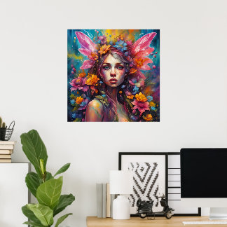 Poster Fantastique Belle Fée de Fleur Colorée Princesse