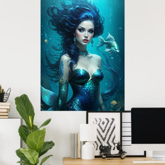 Poster Fantastique Belle Princesse Sirène Bleue Sous l'Ea