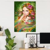 Poster Fantasy Beauful fairy oman met bloemen (Thuiskantoor)