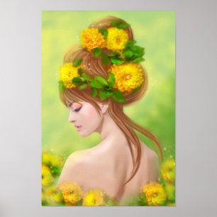 Poster Fantasy Beauful fairy Spring met bloemen