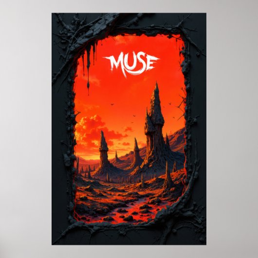 Poster Fantasy landscape with fiery sky and towering (Devant)