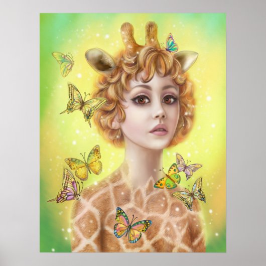 Poster Fantasy portret vrouw giraffe canvas prin (Voorkant)