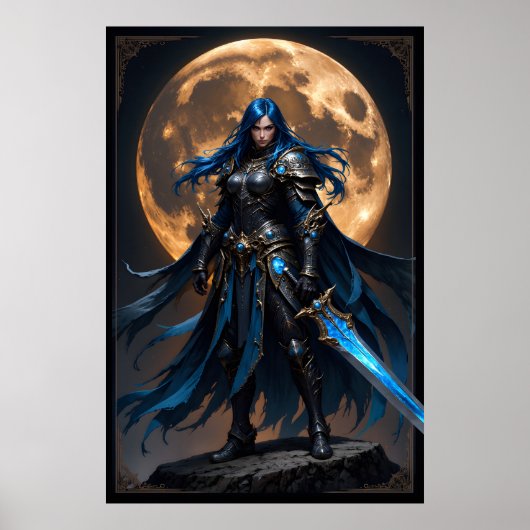 Poster Fantasy Warrior Woman with Blue Hair and a Glowing (Devant)