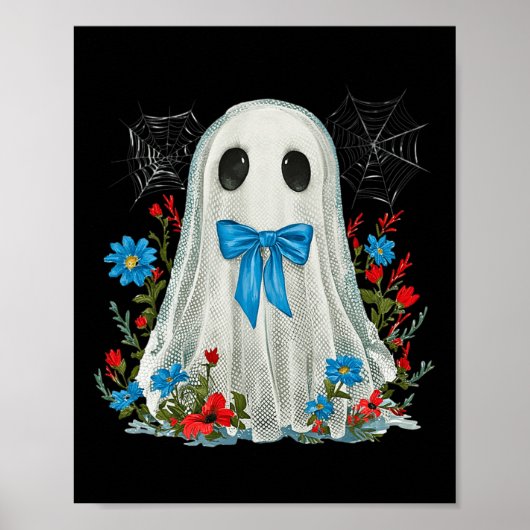 Poster Fantôme Avec Coquette Bow Bleu Et Fleurs Halloween (Devant)