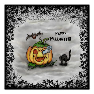 Poster Fantôme, Chat, Chat et Citrouille, Bonne Halloween
