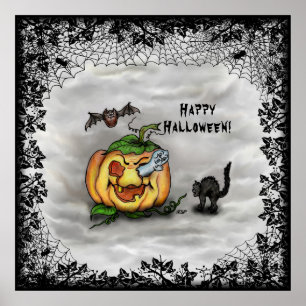 Poster Fantôme, Chat, Chat et Citrouille, Bonne Halloween