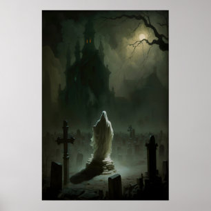 Poster Fantôme dans le cimetière au clair de lune, Vintag