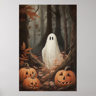 Poster Fantôme dans les bois d'automne avec citrouilles,