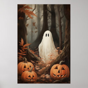 Poster Fantôme dans les bois d'automne avec citrouilles,