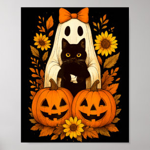Poster Fantôme de Halloween mignon vintage tenant un chat