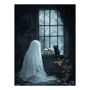 Poster Fantôme d'Halloween, chat et Skuls