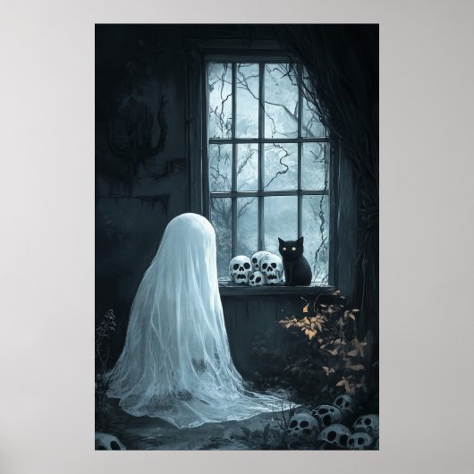 Poster Fantôme d'Halloween, chat et Skuls (Devant)