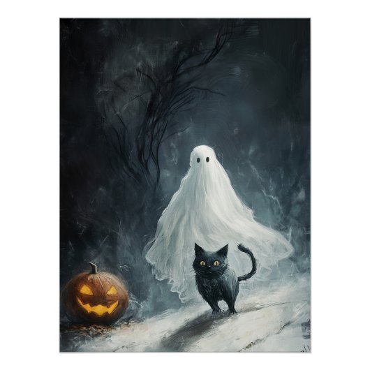 Poster Fantôme d'Halloween et chat noir (Devant)