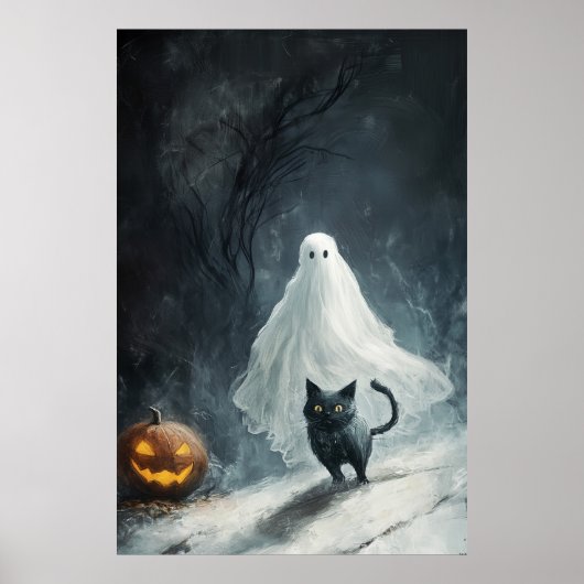 Poster Fantôme d'Halloween et chat noir (Devant)