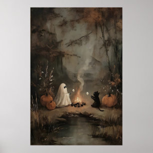 Poster Fantôme et chat noir au feu de camp avec guimauves