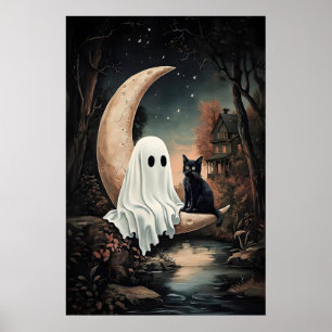 Poster Fantôme et chat noir volant sur une lune dans une 