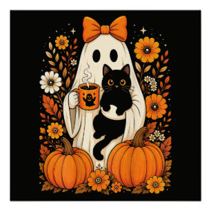 Poster Fantôme groovy d'Halloween tenant un chat noir flo