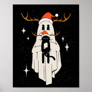 Poster Fantôme mignon Avec Chapeau Santa tenant Chat noir
