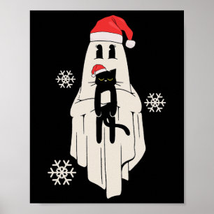 Poster Fantôme mignon Avec Chapeau Santa tenant Chat noir