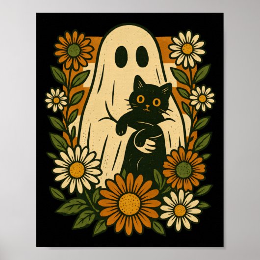 Poster Fantôme mignon tenant un chat noir floral groovy d (Devant)