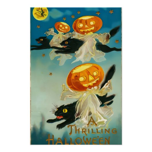 Poster Fantômes Citrouilles vintages d'Halloween et chats (Devant)