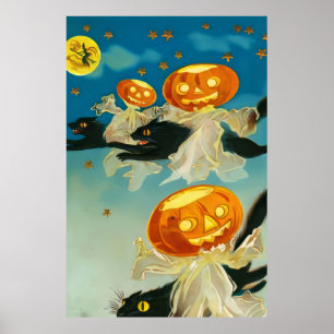 Poster Fantômes Citrouilles vintages d'Halloween et chats