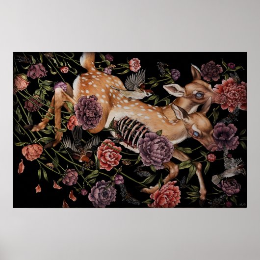 Poster Faon de cerf avec oiseaux et fleurs gothique botan (Devant)