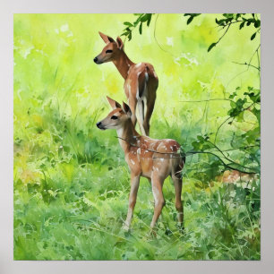 Poster Faons jumeaux de cerf dans l'art aquarelle de la n