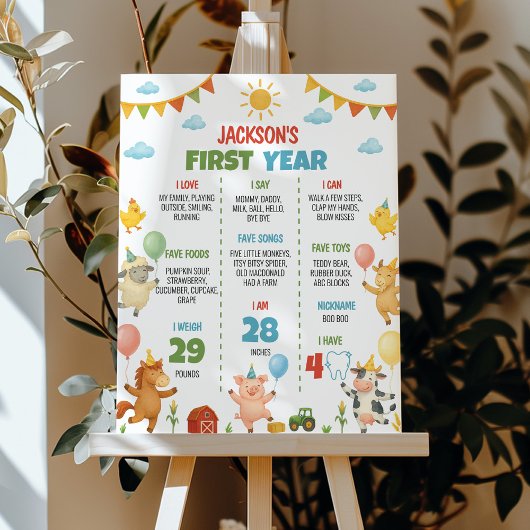 Poster Farm Animals First Year Milestone Sign
