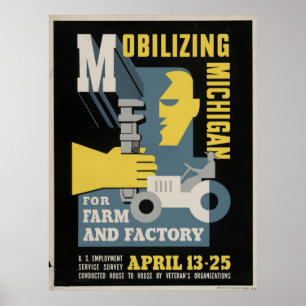 Poster Farm Factory Mobilizing Michigan 1943 WPA Vintage