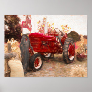Poster Farm Tractor Red Vintage Rustic Autumn Harvest