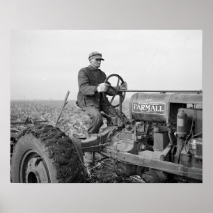 Poster Farmer Driving Tractor, 1937. Vintage Photo