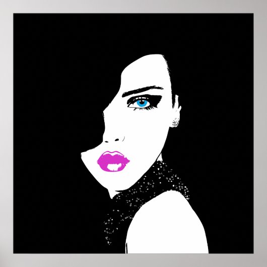 Poster Fashion Girl noir rose bleu (Devant)