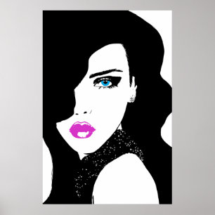 Poster Fashion Girl noir rose bleu