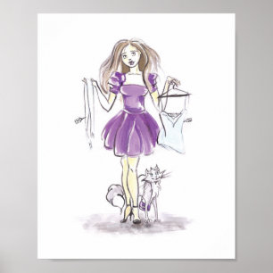 Poster Fashion Illustration Shopping Girl Cat Watercolor