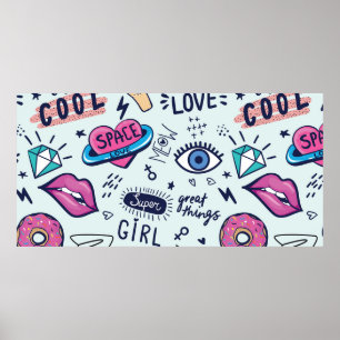 Poster Fashion patch badges. Seamless pattern with pink g