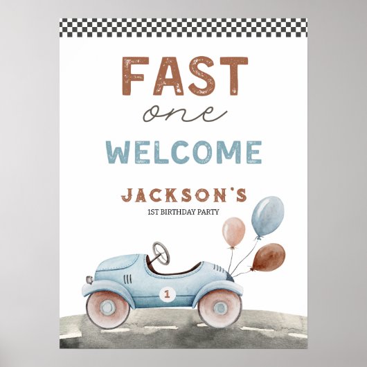 Poster Fast One Racing Car Blue Boy 1er anniversaire Bien (Devant)