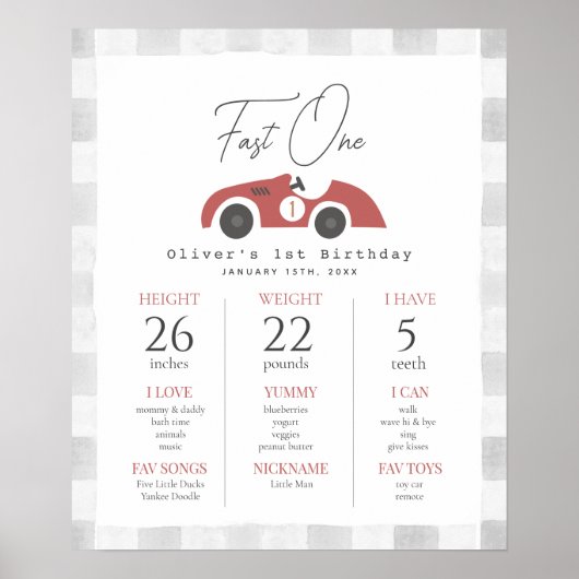 Poster Fast One Red Race Car 1st Birthday Milestone (Devant)