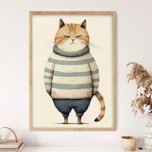 Poster Fat Ginger Cat In Blue Sweater, Funny Cat Decor,