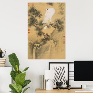 Poster Faucon Blanc Vintage sur Art Chinois d'Arbre de Pi