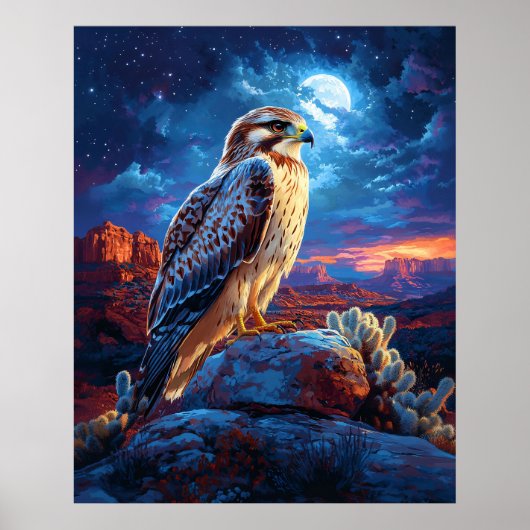 Poster Faucon dans le désert sous une pleine lune (Devant)