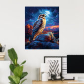 Poster Faucon dans le désert sous une pleine lune (Bureau à domicile)